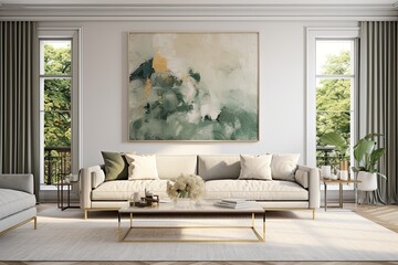 Mockup Of render of a modern living room with Art Deco style, featuring a mockup poster frame on the wall as the focal point of the illustration.