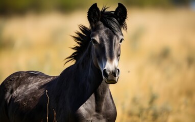 Portrait of beautiful Friesian foal horse on a natural green farm background, sunlight, AI Generated