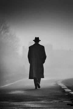 mysterious steampunk man walking down a dark alley. 