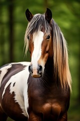 Portrait of beautiful mustang horse on a natural green farm background, sunlight, AI Generated