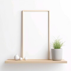 Blank vertical frame mockup on a beige wall and interior decoration with ornamental plant. Created with generative AI