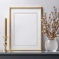 Blank vertical frame mockup on a white wall and interior decoration with ornamental plant. Created with generative AI