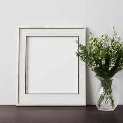 Blank vertical frame mockup on a white wall and interior decoration with plants. Created with generative AI