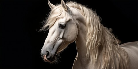 Obraz na płótnie Canvas Portrait of beautiful Arabian white horse on a black dark studio background, sunlight, AI Generated