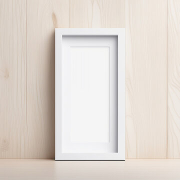Blank vertical frame mockup on wood texture. Created with generative AI