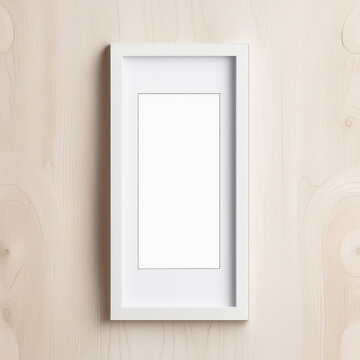 Blank vertical frame mockup on wood texture. Created with generative AI