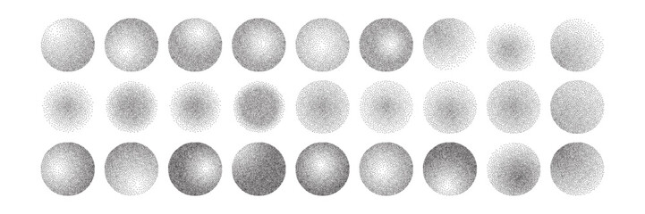 Circles with dotted texture, vintage halftone grunge pointillist ellipse. Ball with dissolved spray sand effect. Vector illustration of noise gritty gradient sphere for modern tattoo design.