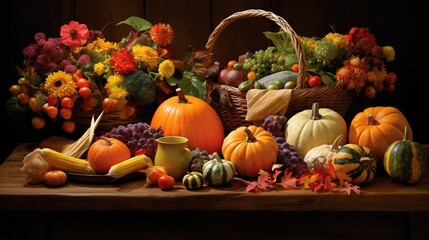 Naklejka premium a painting of a basket of fruit and vegetables on a table. generative ai