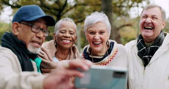 Selfie, happy and group of senior friends in a park or nature for outdoor holiday or vacation smile for a picture together. Memory, funny and laughing elderly people take picture for social media