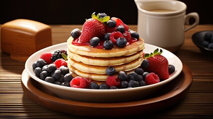  a stack of pancakes with berries and blueberries on a plate.  generative ai