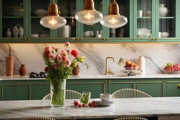 A pristine and vacant marble countertop with vintage green kitchen furniture adorned with abundant flowers and a bowl of strawberries. A set of hanging pendant lights in white complements the scene