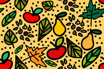Colorful autumn illustration. Leaves, berries and fruits. Trendy, stylish, fashionable, seamless vector pattern for design and decoration.