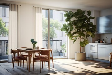 A stunning apartment is showcased in a rendering, featuring an open folding door between the kitchen and dining room. The morning sunlight streams in through the window, casting a shadow of the window