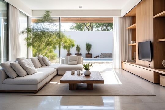 The living room is adorned with a modern style and features an empty white wall. The area is further enhanced by a large lounge chair in brown, creating a pleasing contrast against the white backdrop