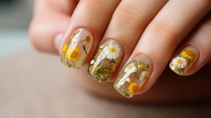 Crédence de cuisine en verre imprimé ManIcure Beautiful female hands with manicure close-up, modern stylish nail design with butterflies, generative ai