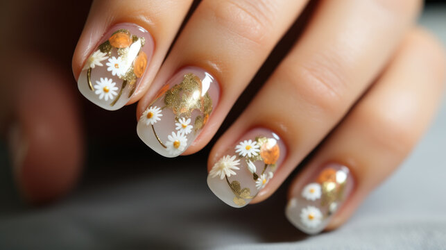 Beautiful female hands with manicure close-up, modern stylish nail design with butterflies, generative ai