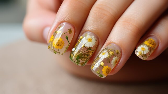 Beautiful female hands with manicure close-up, modern stylish nail design with butterflies, generative ai