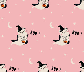Happy Halloween seamless pattern, vector, hand drawn, halloween clipart set for kids artworks, wallpapers, prints, fabrics.