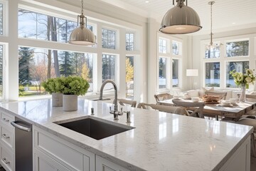 New luxury homes kitchen with island, sink, cabinets, and large window. - obrazy, fototapety, plakaty