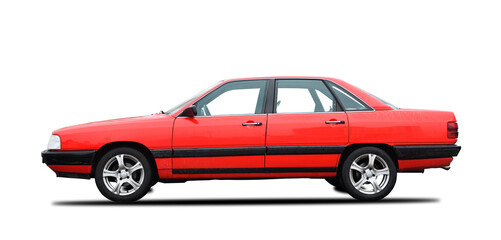 Red German sedan, side view on a white background. 1980s car.