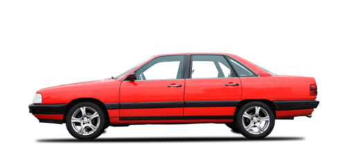 Red German sedan, side view on a white background. 1980s car.