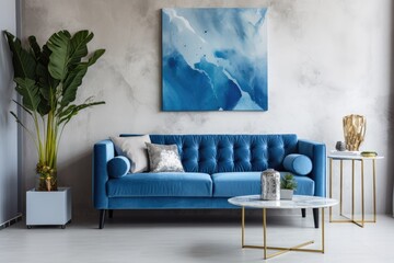 Modern and stylish living room with blue velvet sofa, mock up paintings, design furniture, plant, table, decor, concrete floor, elegant personal accessories in home decor.