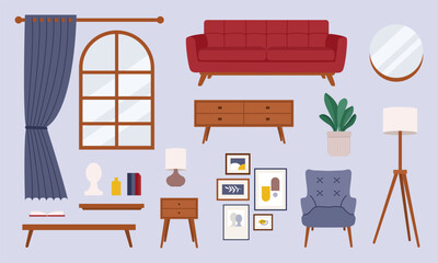 Living room interior elements set in flat retro style. Vector red retro sofa, armchair, posters.