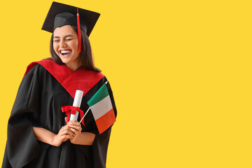 Female graduate student with diploma and Italian flag on yellow background