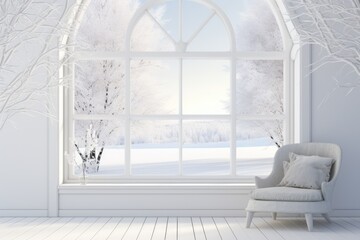 Scandinavian interior design displayed through a 3D illustration featuring an empty white room with winter and summer scenes visible in the window.