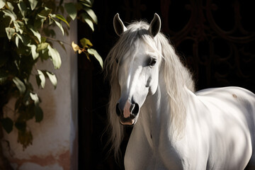 Obraz na płótnie Canvas White Andalusian horse outdoors. Andalusian horse, originating from the Iberian Peninsula, is admired for its elegance and versatility in various equestrian pursuits
