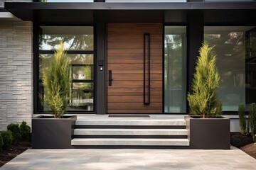 The front entrance door of a contemporary home displays an interior staircase and porch.