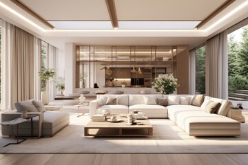 Fototapeta premium A computergenerated image of a bright and spacious living room with a modern and luxurious design, presented in a mockup illustration. The rendering showcases large and welllit interiors, creating a