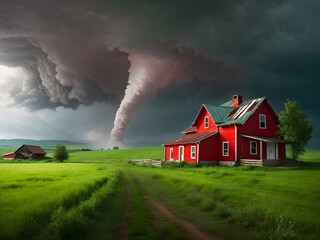 Naklejka na ściany i meble Dramatic scenery with tornado approaching Red farm house in inthe green valley, catastrophic environmental events, climate change 