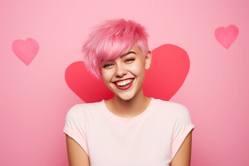 Portrait of a pretty young girl standing before wall with pink hearts. Love, relationship, romance background.