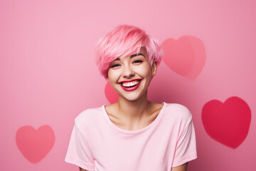 Portrait of a pretty young girl standing before wall with pink hearts. Love, relationship, romance background.