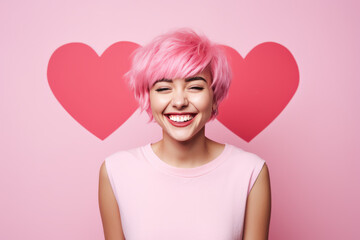 Portrait of a pretty young girl standing before wall with pink hearts. Love, relationship, romance background.