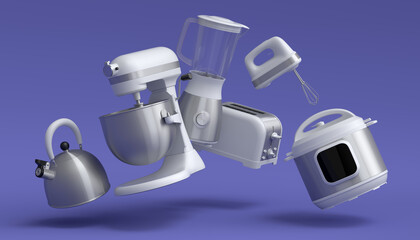 Kitchen appliances and utensils for making breakfast on violet background