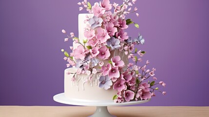  a white cake with pink and purple flowers on top of it.  generative ai