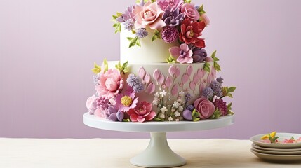  a three tiered cake decorated with flowers on a table.  generative ai