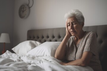 Senior woman having a headache and feeling sick in the bedroom at home - obrazy, fototapety, plakaty