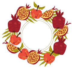 Decorative circle frame with autumn fruits for Rosh-hashanah or other holidays. Circle wreath with pomegranates and apples hand drawn vector illustration isolated on white background.