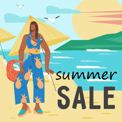 Summer sale banner or poster template for end of season offers and commercial events. Background with woman at seashore view for summer sales advertisement, flat vector illustration.