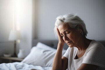 Senior woman having a headache and feeling sick in the bedroom at home