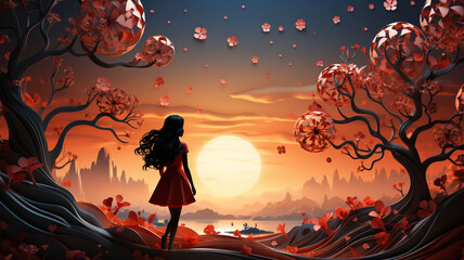 Dreamweaver Gaze 3D Paper-Cut Crafted Illustration Little Girl Enraptured Observing Dreamworld Valley Floral Ornaments Whimsical Paper Cut Artistry Flowers Leaves Artistic Craftsmanship