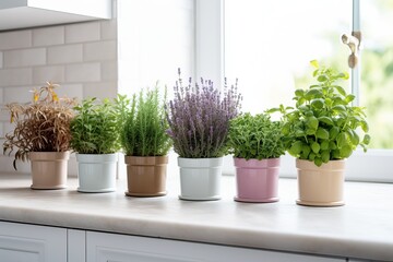 Aromatic Herbs Pots on Windowsill