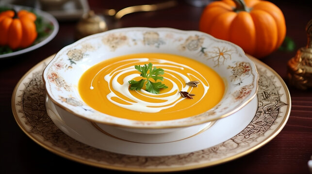 A bowl of pumpkin cream soup in a restaurant on a table. new quality universal colorful technology Stock Illustrations Image design, Generative AI