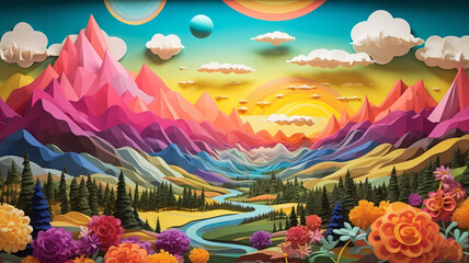 Dream Valley 3D Psychedelic Landscape Artistic Exploration of Snowy Mountains, Sunlit Beauty, and a Kaleidoscopic Sky, Creating a Mesmeric Realm of Natural Wonder in Dimensional Splendor