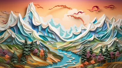 Enchanted 3D Psychedelic Landscape Artistic View of Snowy Mountains, Sunlit Beauty, and a Vibrantly Colorful Sky, Celebrating the Natural Beauty in a Surreal Kaleidoscope of Colors