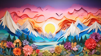 Fototapeta na wymiar Psychedelic Reverie Nature's Splendor 3D Artistic Landscape View Snowy Mountains, Radiant Sun, and a Kaleidoscope of Colors in the Sky, Embracing the Eclectic Beauty Natural World