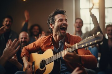 Obraz premium Man playing a guitar at a home gathering, everyone clapping along - Music and entertainment - AI Generated